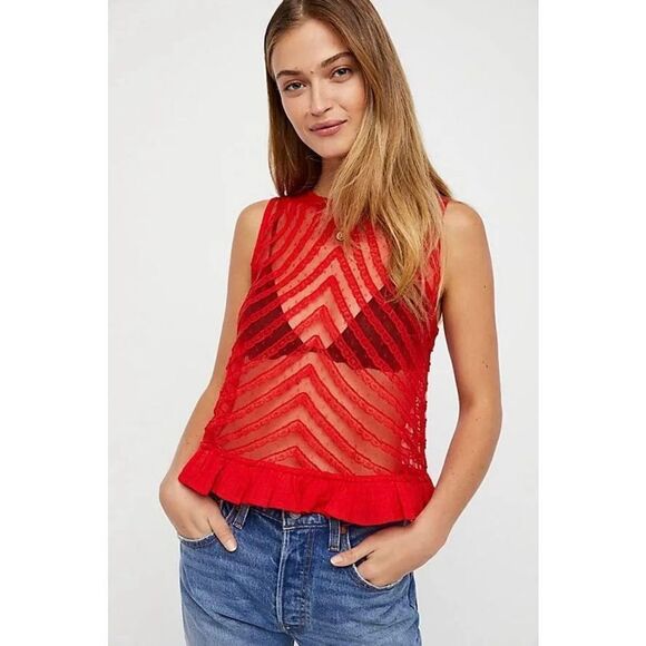 Free People Red Ruffle Sheer She's a Doll Sleeveless Tank Top Women’s Small - Picture 1 of 10